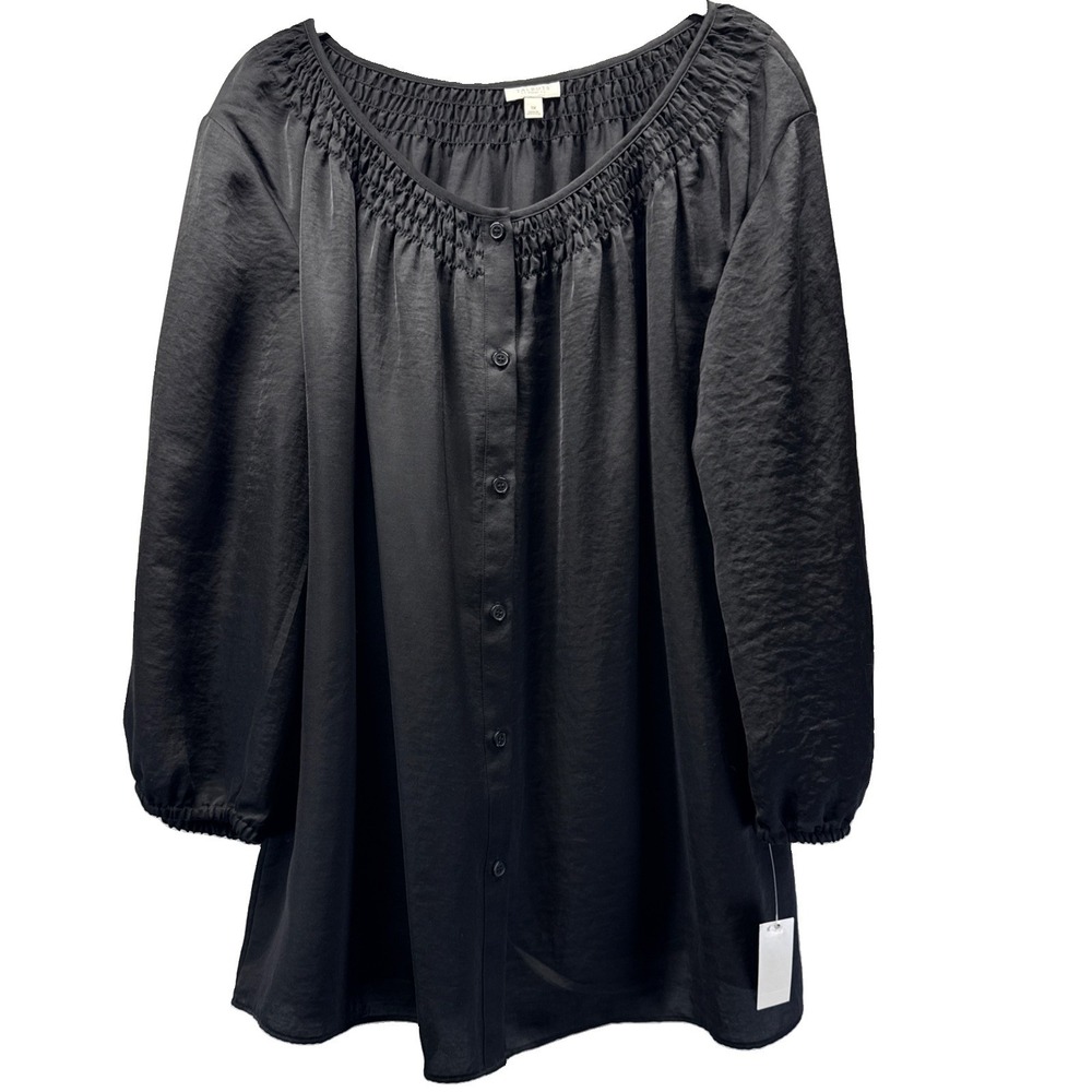 Talbots Women's Top Size 1X Solid Black NWT Gothic Button Up Long Sleeve Smocked